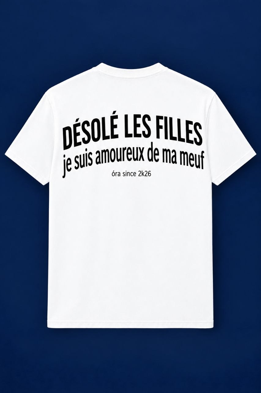 T-shirt blanc, flocage noir - Désolé pas désolé