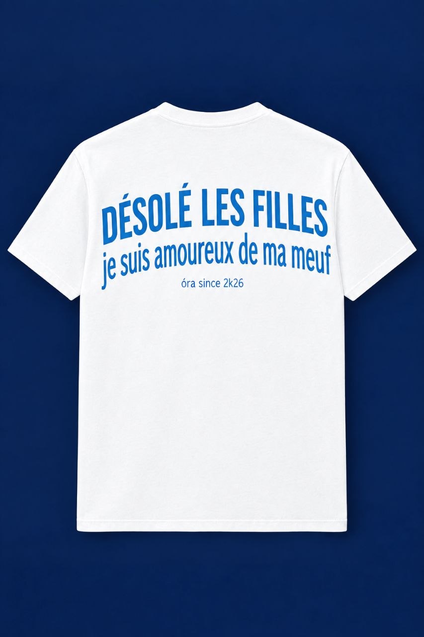 T-shirt blanc, flocage bleu - Désolé pas désolé